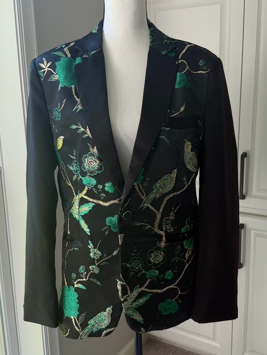 CloudStyle Other - Fun Prom Event Black Blazer with Green and Gold Embroidered Bird Motif
